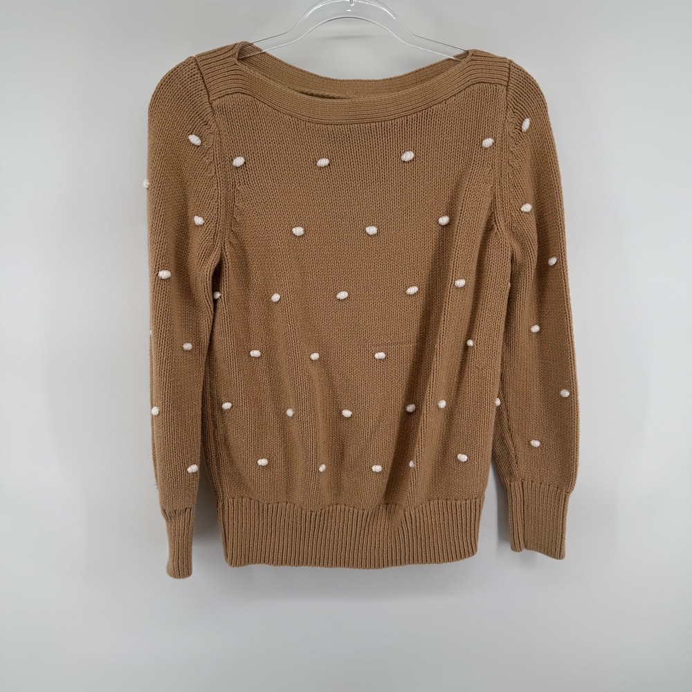 LOFT Camel Brown Knit Sweater White Polka Dot Boat Neck Long Sleeve Women's M